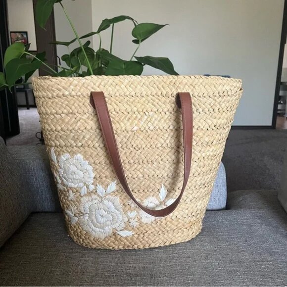 Abercrombie and Fitch Woven Straw Tote Bag Embroidered Floral Design boho beach - Picture 2 of 13